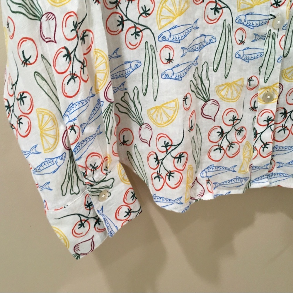 C&C California Fish & Veggie Print Button Down Shirt Linen White Womens L NWT - Picture 5 of 6